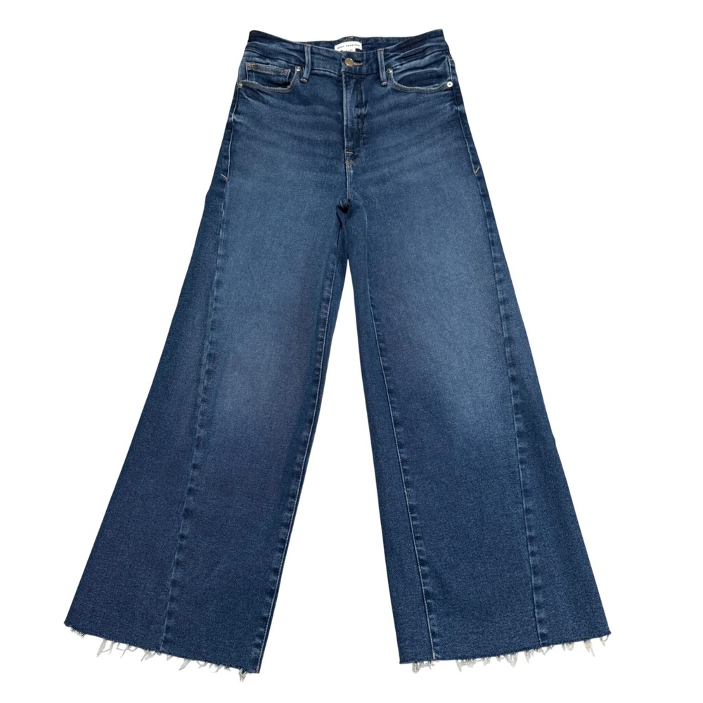 Good American High Rise Wide Leg Raw Hem Jeans Indigo Blue Womens 4/27 Stretch